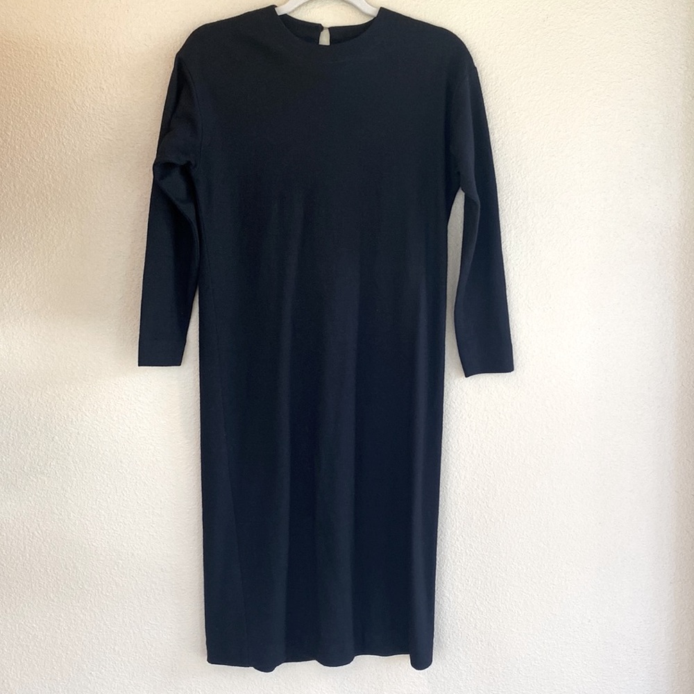 Lands End 100% Wool Black Long Sleeve Midi Sheath Dress